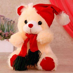 Peach 15 Inch Christmas Teddy Bear with cap and muffler